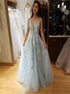 A Line Spaghetti Straps Light Blue Tulle Prom Dress With Beading Appliques LBQ2607